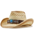 Cappello da cowboy in paglia beige intrecciato a mano con pietra turchese e fascia etnica - Regolabile / 03 Beige Cachi