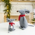 Set of two gray felt mouse plush ornaments with red scarves by a Christmas fireplace - Christmas Mouse (Large & Small Set)