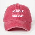 Detailed view of washed rose red cotton baseball cap with white printed bold slogan - Watermelon red