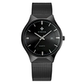 Men's minimalist black quartz watch with stainless steel mesh strap and date calendar display - Black Case Black Dial