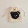 Off-white corduroy drawstring pouch with cute plush bear applique for small items - Off-white (Black Bear)