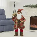 Christmas Santa figurine in red and green jacquard robe with fur trim and small lantern - Floral Suit with Lantern