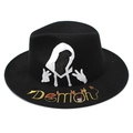 Sombrero fedora de lana negra con figura encapuchada y bordado gráfico de Demon en el ala - M (56-58cm) / Negro(01)