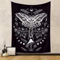 Bohemian black wall tapestry featuring white moth mushroom moon and stars in room setting - 73X95CM / Brushed Fabric / Black Moth and Mushroom White