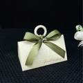 Creamy white triangular wedding favor box with green ribbon and round wooden handle - Beige Box+Light Green Ribbon / Small Size (do Not Use Wooden Rings)