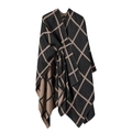 Black and beige plaid checkered poncho wrap shawl with split hem and warm knit fabric - Black Brown Plaid
