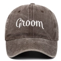 Close-up of white Groom embroidery on a vintage washed cotton baseball cap - Groom / Coffee