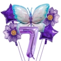 Blue-pink butterfly party balloon set with purple number 7 and floral aluminum foil balloons - Number 7 / Purple