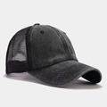 Retro washed cotton mesh baseball cap in dark gray with breathable trucker design - Adjustable / Black+Black