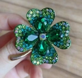 Clover brooch with deep green teardrop crystals and gold-tone finish in vintage style - Peacock Green with AB Crystal