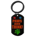 Detail of black stainless steel pet tag featuring printed Paws and Think text with paw prints - Black 008