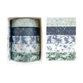 Five-roll floral washi tape set in blue and green botanical patterns with white gift box - Spring Flower Romantic 7