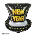 Black top hat foil balloon with gold Happy New Year print and stars for party decor - Black New Year Top Hat