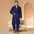 Men's thick coral fleece pajama set in navy blue with contrast white piping detail - Navy Blue Men