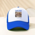 Detail of blue and white trucker hat featuring Tasmania landscape print and mesh back - Sapphire Blue