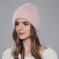 Pink winter knit beanie hat for women featuring soft rabbit fur texture and ribbed design - Pink
