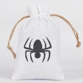White burlap Halloween drawstring gift bag featuring a black spider print detail - White Spider / 10*15cm