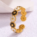 Adjustable golden stainless steel open bangle with black and white enamel daisies - Adjustable Open / Daisy Gold Black White Bangle (JR464-GD)
