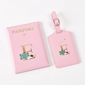 Pink PU leather passport holder and luggage tag set with letter E and travel icons - Pink Letter E