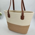 Two-tone woven cotton rope tote bag with brown leather handles in beige and tan color - Open Top / Coffee & White