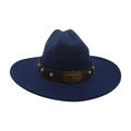 Dark blue wide brim wool fedora with brown leather band and cattle skull buckle - One Size / Navy Blue