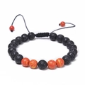 Close-up of 8mm lava stone beads and orange swirls with adjustable braided cord - Black Lava Stone with Red Textured Bead (款式-01)
