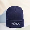 Dark blue knitted beanie featuring a white snake embroidery on a textured cuff - Embroidered Snake / Navy Blue