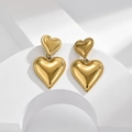 Elegant gold heart drop earrings made of polished stainless steel with mirror finish - 3D Heart Dangle Earring (G401)