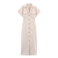 Short sleeve V-neck midi denim dress in cream beige with button-up waist detail - XS / Dresses / Off White