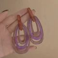 Detailed view of handmade vintage resin hoop earrings featuring brown and purple oval charms - 9# Silver Earring Post-Pink-Purple (Stacked Oval)