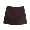 Detail view of smooth dark brown mini skirt with A-line cut and hidden side zipper - Coffee