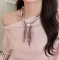 Detail of French vintage pearl necklace with pink leopard print silk scarf on model - Pink (8# Necklace)