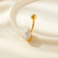 Golden belly button ring featuring a pear-shaped clear zircon on a curved bar - Teardrop Gold (2# Gold)