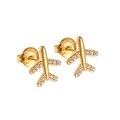 Minimalist gold-plated stainless steel airplane stud earrings with tiny diamond wings - Airplane