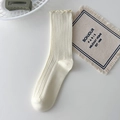 Off-white crew sock with lettuce edge trim and ribbed texture in soft cotton fabric - One Size / White