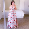 White floral off-shoulder maxi dress with red flowers, side slit, and elegant long sleeves - Red Flower