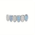 Iced out silver hip hop grillz with six-teeth set in white and sky blue cubic zirconia - 6-Teeth Bottom (with Molding Bar) / Blue and White Zirconia