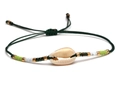 Detail of bohemian handmade woven bracelet with natural shell and dark green cord - Type L-Green Shell