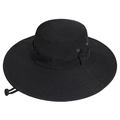 Foldable black outdoor wide brim sun hat with mesh vents and adjustable wind cord - Black