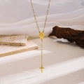 Gold plated stainless steel rosary necklace with oval religious portrait and cross pendant - Virgin Mary Cross Necklace (81559) / Gold