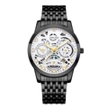 Detailed macro of the ORUSS hollow dial quartz watch with gold hands and black metal strap - 9-Bead Black Strap Skeleton White Dial