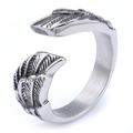 Vintage stainless steel angel wing open ring with detailed feather texture in silver - US 11