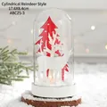 Nordic Christmas glass dome with reindeer, pine tree and LED lights on wood base - Cylindrical Reindeer Style