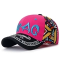 Close-up of 3D SWAG embroidery on cotton baseball cap with geometric print patterns - Rose Red