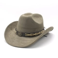 Detail of khaki suede cowboy hat with brown leather band and metallic bull head emblem - M (56-59cm) / Army Green Suede