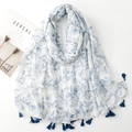 Blue botanical pattern scarf with tassels and leaf print for summer sun protection - 180*90CM / White Base Blue Flower Draft