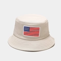 Close-up of beige cotton bucket hat with American flag embroidery and stitched brim details - M (56-58cm) / Beige