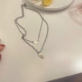 Double-layered silver necklace with Lucky tag and rectangular pendant on a minimalist chain - Silver Lucky Square Plate Style