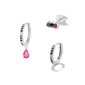 925 silver earring set with colorful crystals and a pink teardrop pendant - Silver Colorful Gem Teardrop 3-Piece Set (#57)