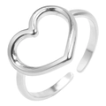 Vista macro de anillo de corazón ajustable en metal pulido con diseño minimalista hueco - Plateado